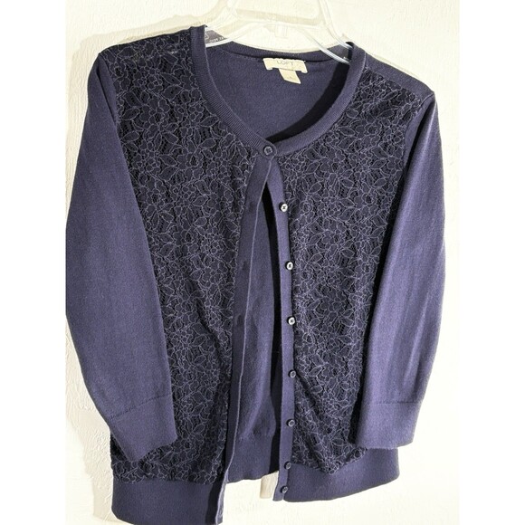 Loft Women’s Small Button Up Floral Lace Front Black 3/4 Sleeve Cardigan - Picture 1 of 8